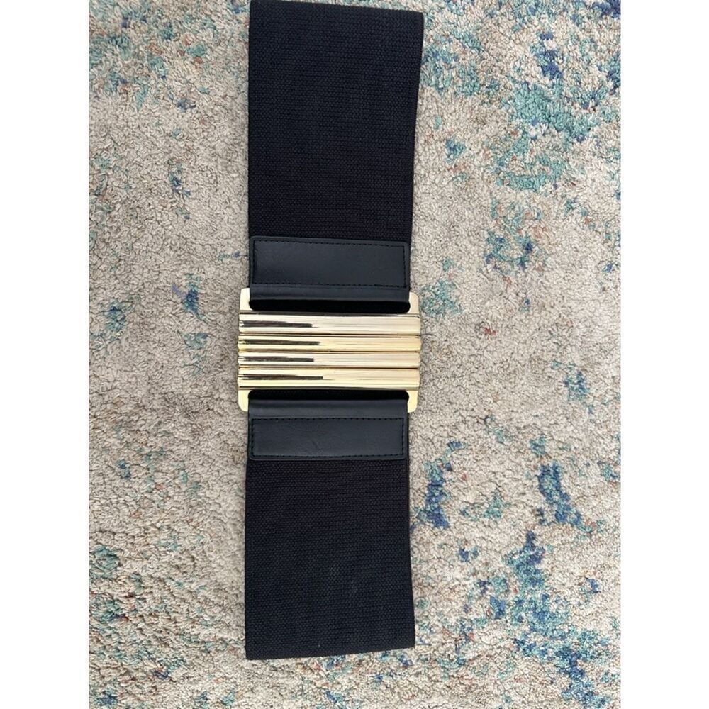 Ann Taylor Black Elastic Waist Belt with Gold Center Buckle and Genuine Leather